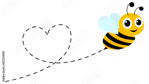Cute happy bee with heart shape. Bee flying on dotted route. Vector illustration isolated on white background.
