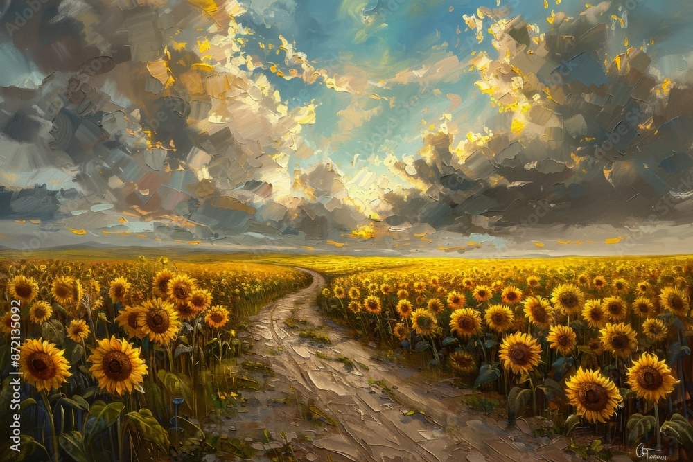 Obraz premium Sunflower Field Under Dramatic Sky