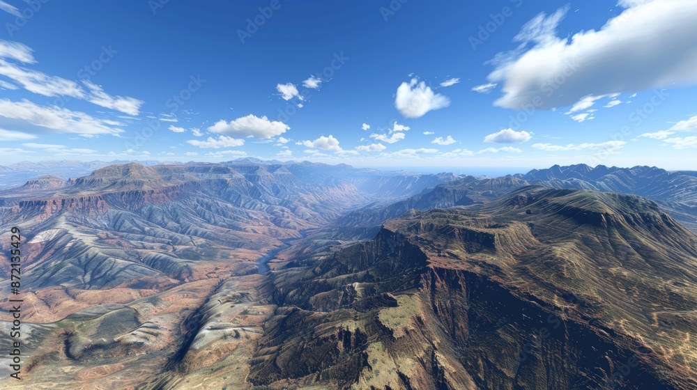 Aerial View of a Mountain Range with Blue Sky and Clouds