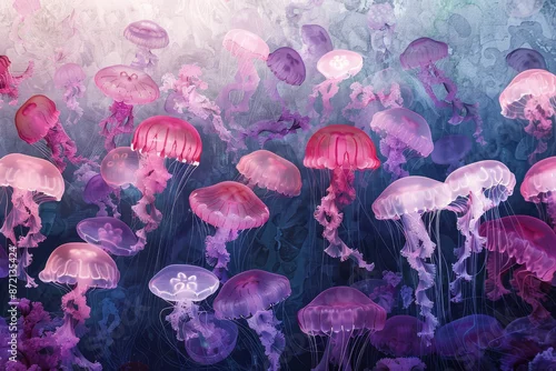 Obraz A bunch of jellyfish in a pink and blue ocean