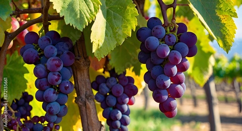 grape garden in full bloom during sunset grape vines are lush green with clusters of ripe, colorful grapes the background softly blurred a sense of tranquility and natural beauty 