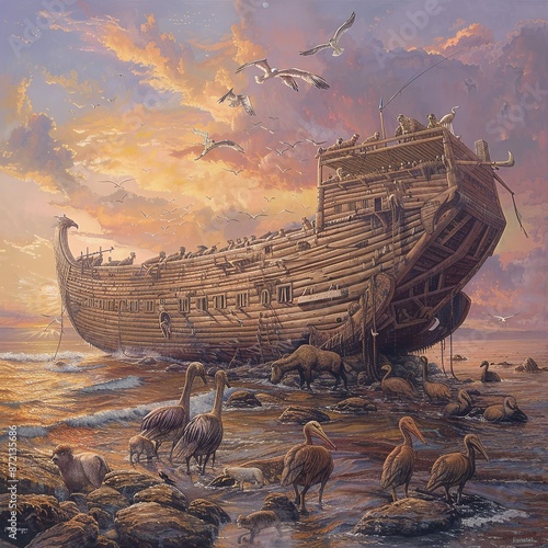 Noah's Ark filled with animals, floating on the floodwaters. Perfect for themes of biblical stories, salvation, and adventure