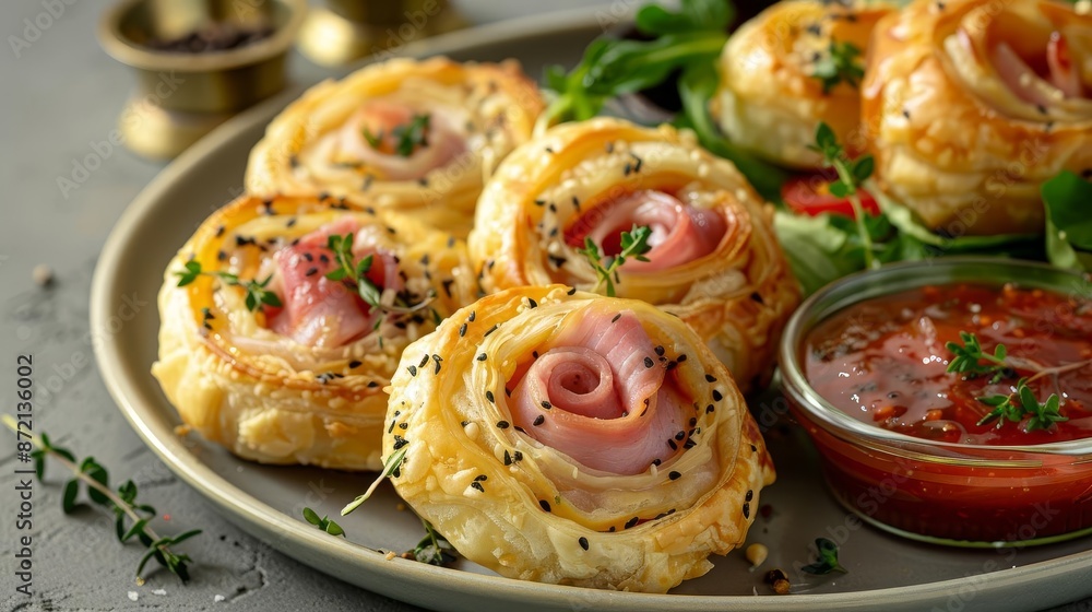 Baked puff pastry rolls or pinwheels with ham Baked puff pastry rolls or pinwheels with ham