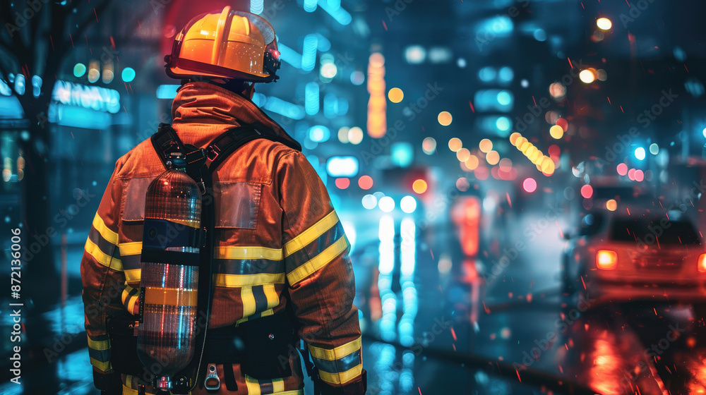 Obraz premium Firefighter Heading to Night Emergency in Cityscape