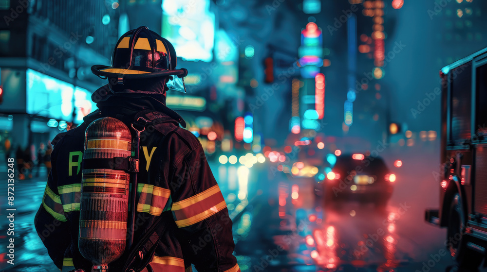 Firefighter Heading to Night Emergency in Cityscape Firefighter Heading to Night Emergency in Cityscape