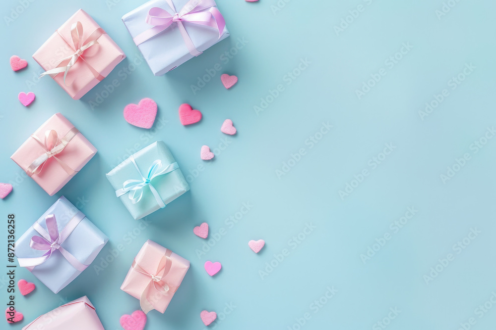 A blue background with pink and blue boxes with ribbons A blue background with pink and blue boxes with ribbons