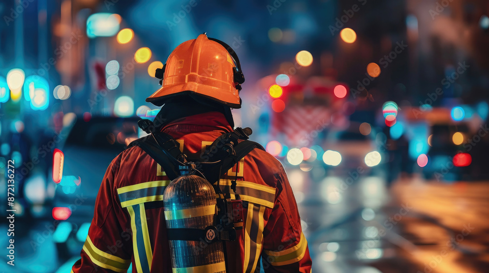 Fototapeta premium Firefighter Heading to Night Emergency in Cityscape
