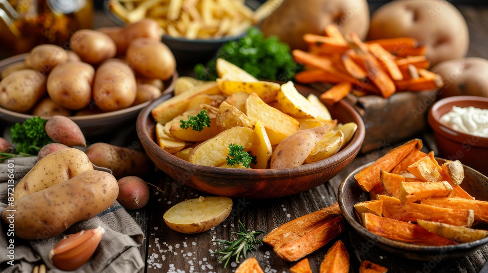 A table with a variety of vegetables including potatoes, carrots, and broccoli A table with a variety of vegetables including potatoes, carrots, and broccoli