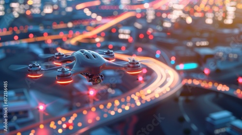 Drone Over Glowing Cityscape. generative AI image