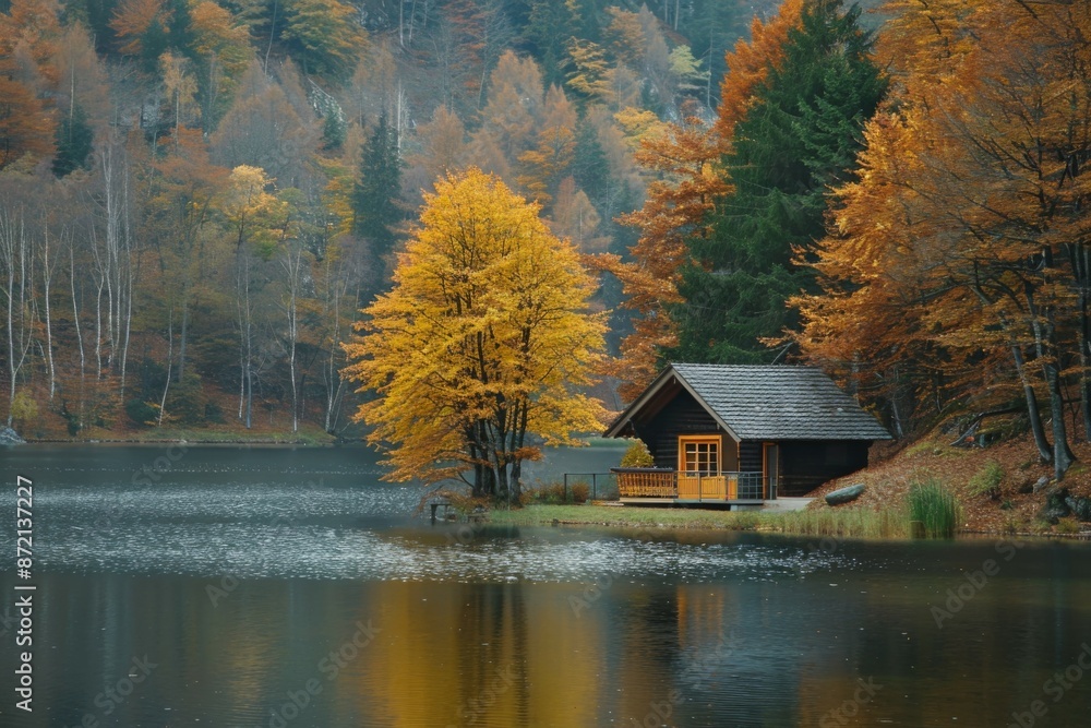 Fototapeta premium Cabin by Autumn Lake