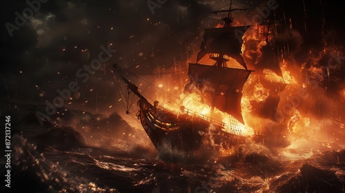 pirate ship burning in the ocean with flames photo