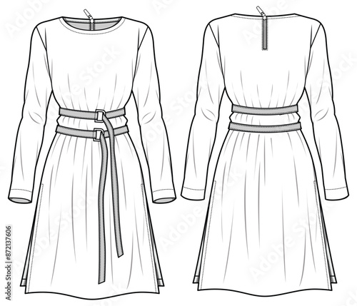 Women woven tunic shift dress design with flat sketch fashion illustration front and back view. Long sleeve belted dress drawing vector template