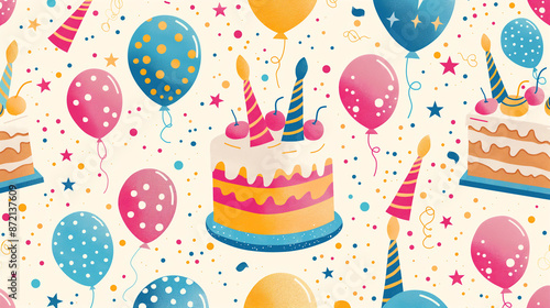 a birthday pattern design with cake and balloons