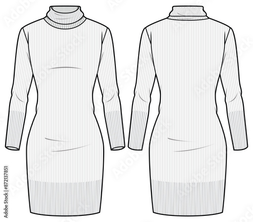 Women high neck bandage column knit dress design flat sketch fashion illustration with front and back view, long sleeve turtle neck bodycon dress drawing vector template