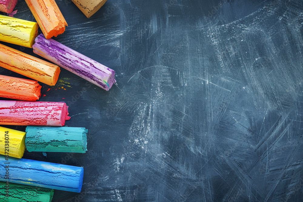 Colorful chalks in various colors on a blackboard background with copy ...