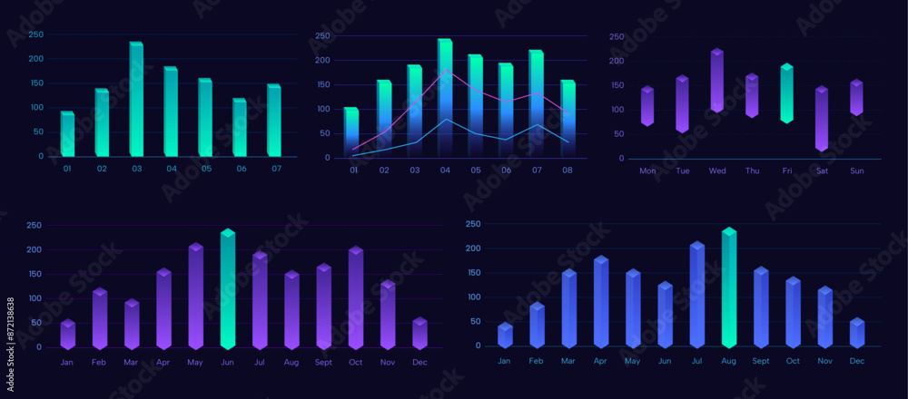 set of colorful bar chart, neon gradient 3d visual histogram. set of colorful bar chart, neon gradient 3d visual histogram.