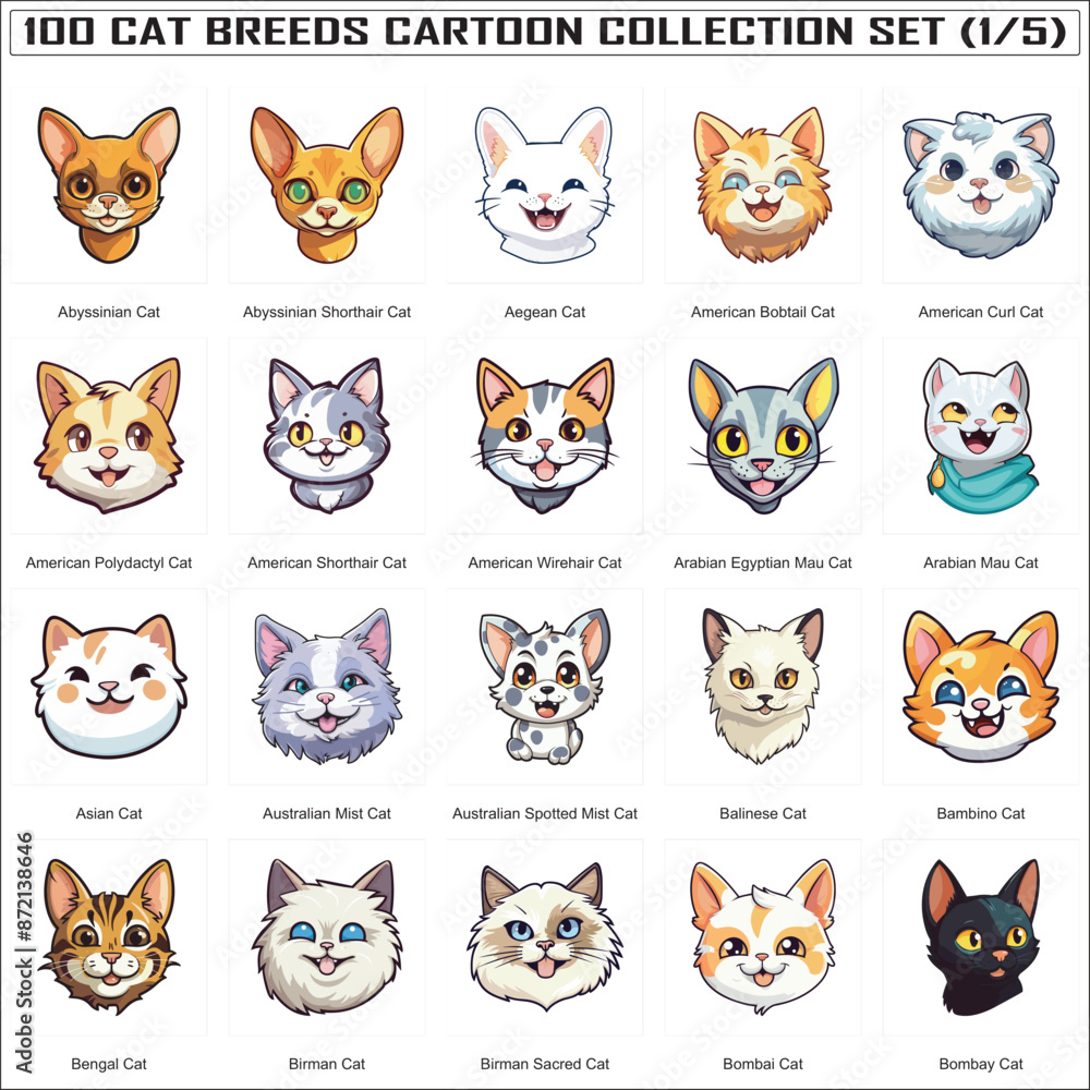 Set of Funny Cat Breeds Cute Cats Cartoon Characters Bundle Collection Set of 100 Cat Faces Part 1 Set of Funny Cat Breeds Cute Cats Cartoon Characters Bundle Collection Set of 100 Cat Faces Part 1