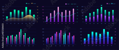 set of colorful bar chart, neon gradient visual histogram.