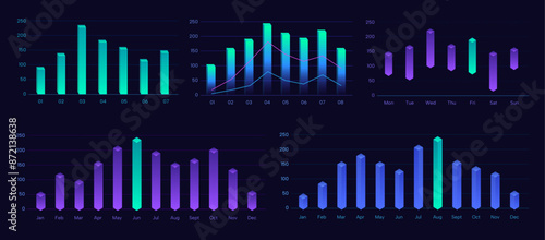 set of colorful bar chart, neon gradient 3d visual histogram.