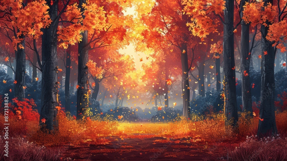 Fototapeta premium Vector depiction of a forest in autumn, with trees shedding leaves in shades of orange, yellow, and red.