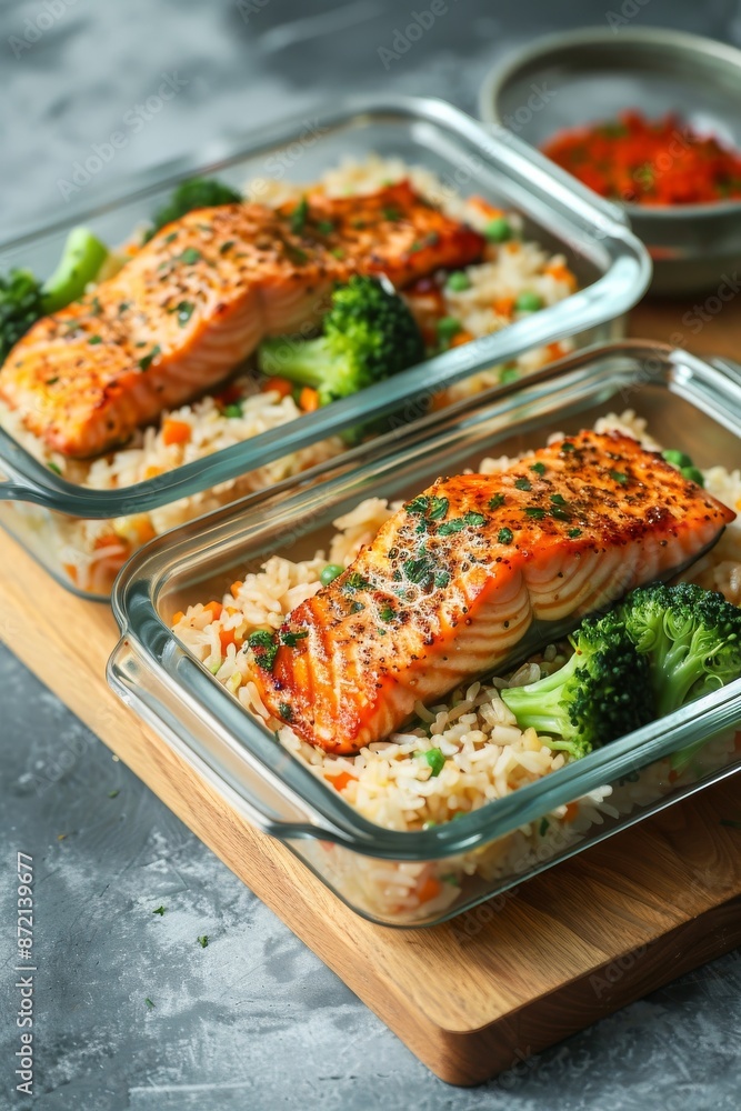 Asian dish. Fried salmon with rice and vegetables. Sprinkled with sesame seeds. Front view. Natural background. Image for cafe menu, Banner Asian dish. Fried salmon with rice and vegetables. Sprinkled with sesame seeds. Front view. Natural background. Image for cafe menu, Banner
