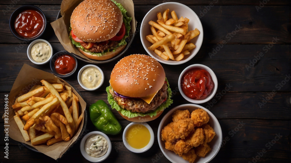 Top view of various takeout or delivery foods like hamburgers, pizza, fried chicken, and sides on a dark wooden background with ample copy space image Top view of various takeout or delivery foods like hamburgers, pizza, fried chicken, and sides on a dark wooden background with ample copy space image