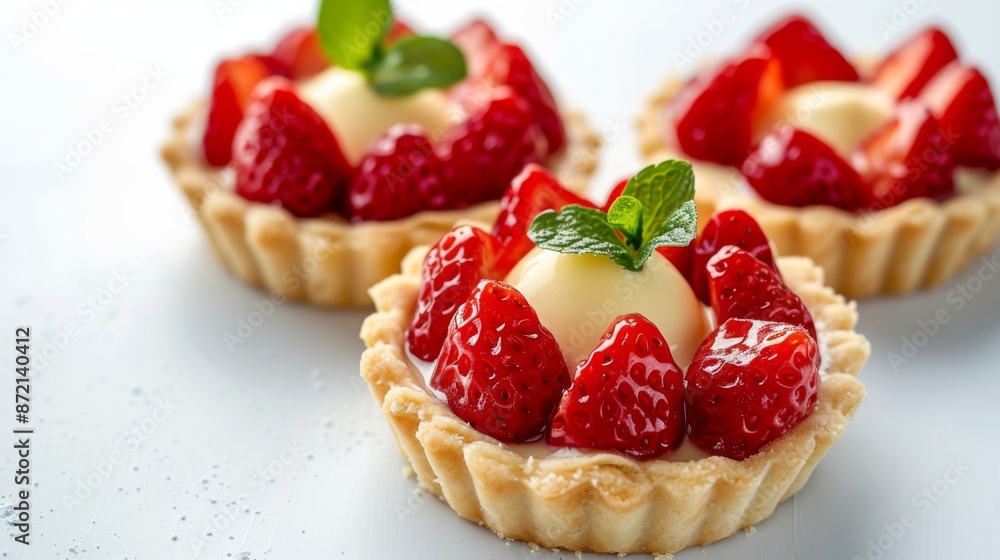Summer strawberry mini tart with vanilla custard on white background