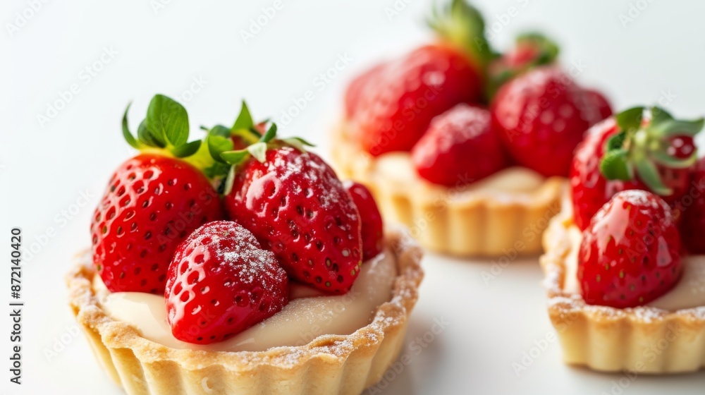 Summer strawberry mini tart with vanilla custard on white background Summer strawberry mini tart with vanilla custard on white background