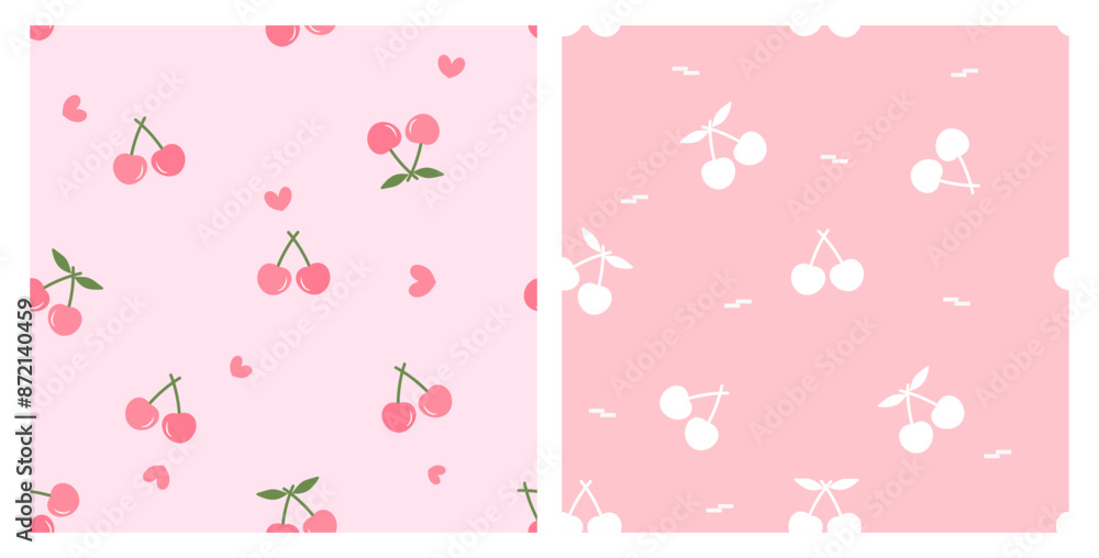 Seamless pattern with cherry with green leaves and hand drawn hearts on pink background. Seamless pattern with cherry fruit on pink background. Flat design vector. Seamless pattern with cherry with green leaves and hand drawn hearts on pink background. Seamless pattern with cherry fruit on pink background. Flat design vector.