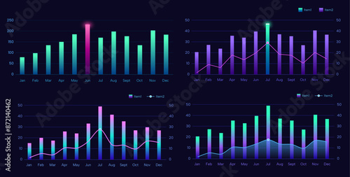 set of colorful bar chart, neon gradient visual histogram.
