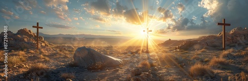 A panoramic view of the empty tomb with the stone rolled away, set against an ancient desert landscape at sunrise.