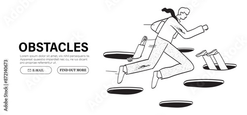 Pass pits, adversity or competition. Jump avoid mistake or business failure, skill and creativity to solve problem concept. Businessman or employee run pass holes to achieve business success.