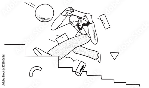 Overcome obstacle, effort or adversity for business growth, difficulty, challenge to win competition, skill or leadership. Businessman jump over falling abstract shapes to climb up stair of success.