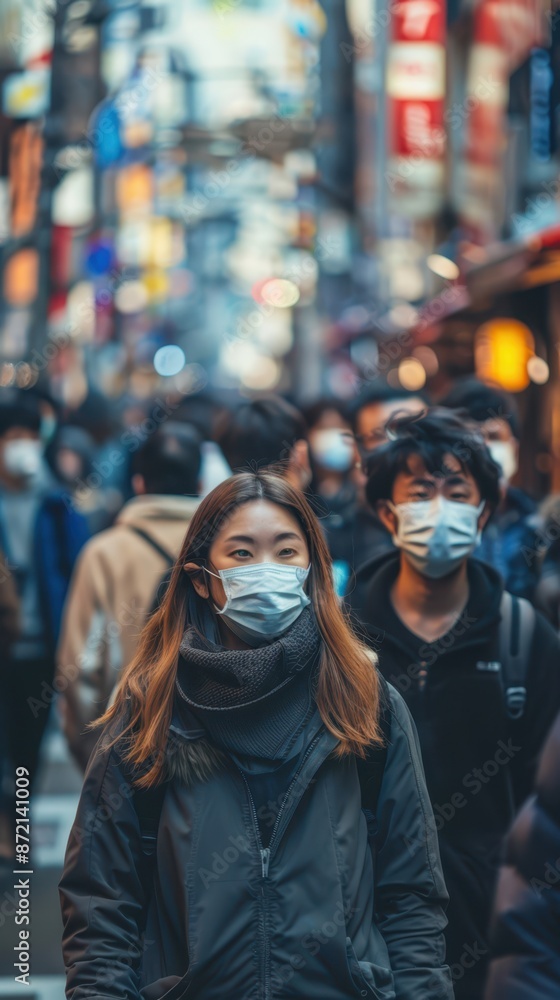 people wearing face masks in a crowded city people wearing face masks in a crowded city