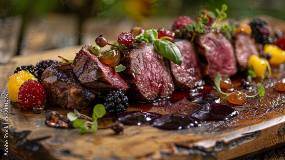 An assortment of cured game meats such as antelope elk and wild duck served alongside wild berry preserves and pickled vegetables. An assortment of cured game meats such as antelope elk and wild duck served alongside wild berry preserves and pickled vegetables.