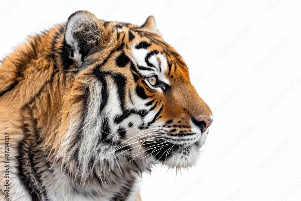 Fototapeta premium Majestic Siberian Tiger Profile Against White Background Showcasing Striking Stripes and Intense Gaze