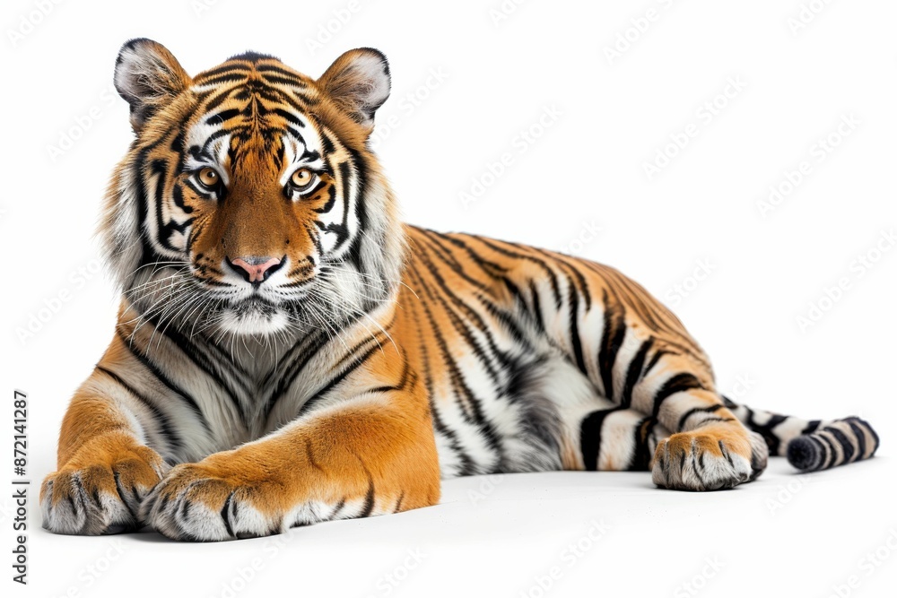 Obraz premium Majestic Bengal Tiger Resting on White Background - Close-Up Wildlife Photography