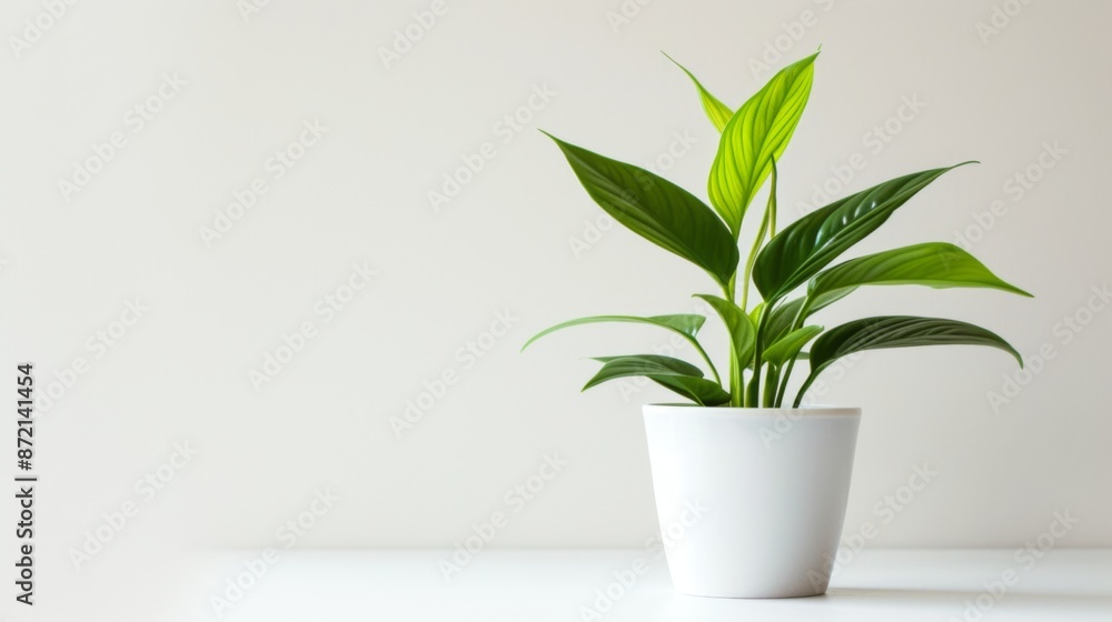 Green plant in pot under light on white background Green plant in pot under light on white background
