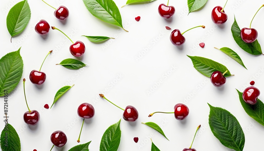 Cherry leaves and cherries on a white background. Cherry leaves and cherries on a white background.
