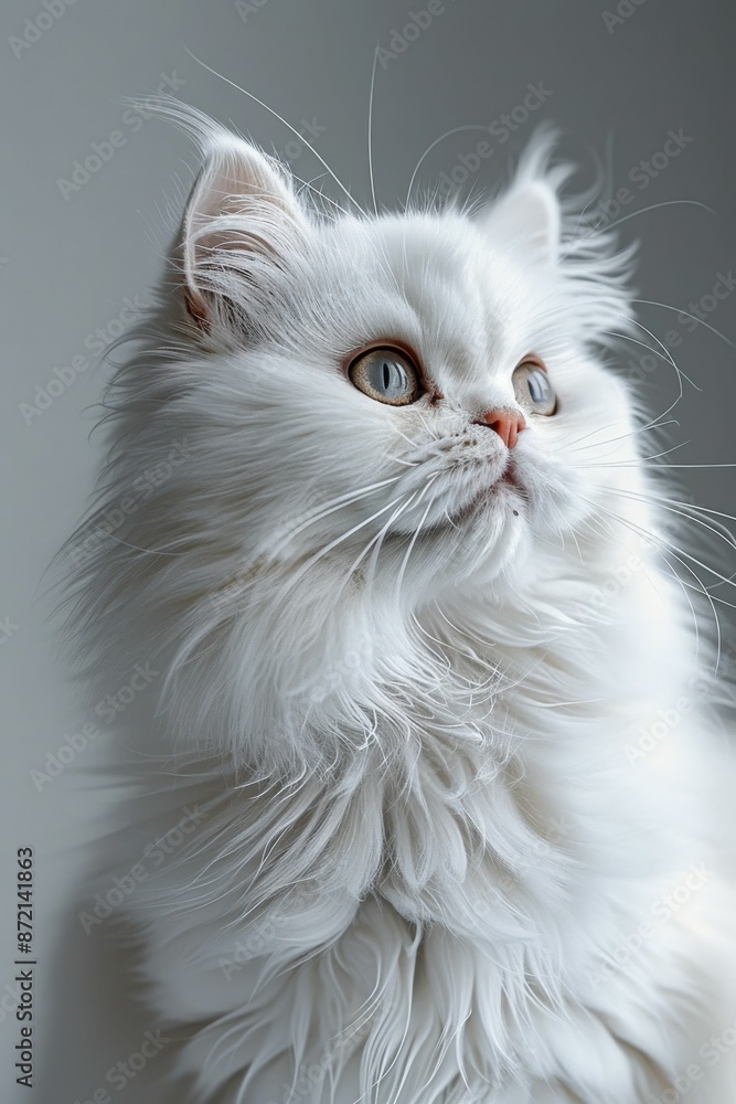 Elegant White Persian Cat with Fluffy Fur and Bright Eyes Looking Up Against a Soft Gray Background Elegant White Persian Cat with Fluffy Fur and Bright Eyes Looking Up Against a Soft Gray Background