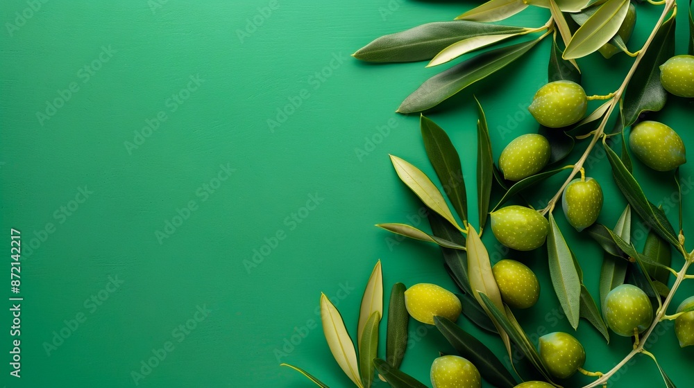 Olive branch with green olives on a green background. Olive branch with green olives on a green background.