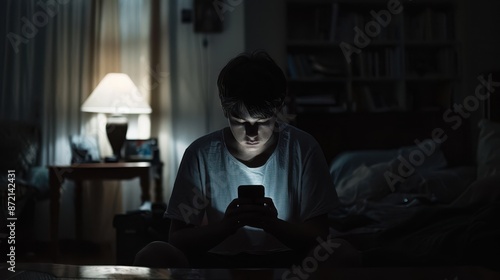 a young man sitting in a dark room using his phone