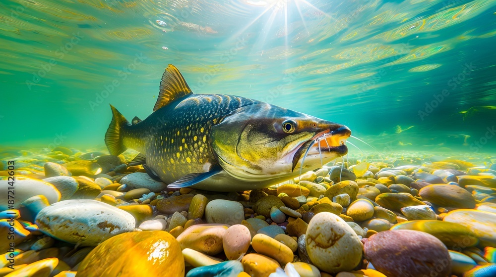 A fish swimming in the water with rocks and stones. A fish swimming in the water with rocks and stones.