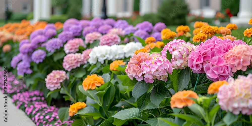 Creating a vibrant and inviting public space with a colorful flower bed outside the municipal building. Concept Colorful flowers, Municipal building, Public space, Vibrant, Inviting Creating a vibrant and inviting public space with a colorful flower bed outside the municipal building. Concept Colorful flowers, Municipal building, Public space, Vibrant, Inviting