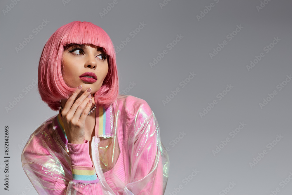 A woman with pink hair and a transparent, vibrant jacket looks to her right. A woman with pink hair and a transparent, vibrant jacket looks to her right.
