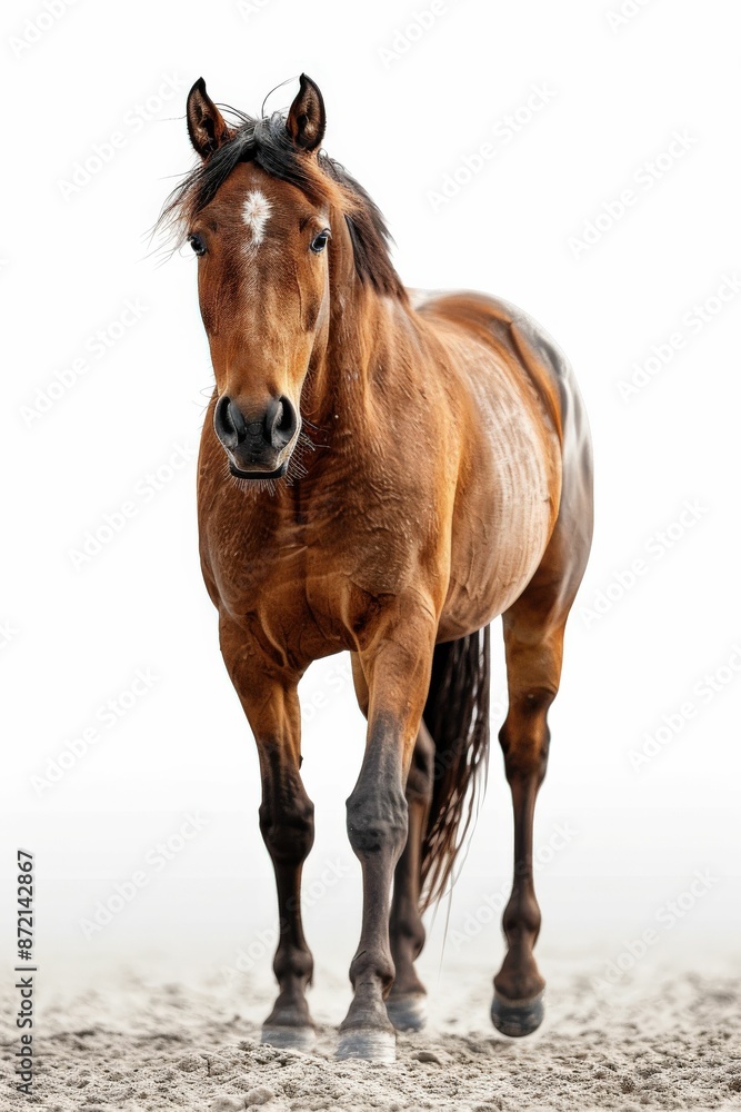 Obraz premium Majestic Brown Horse Standing on White Background with Sand Underfoot
