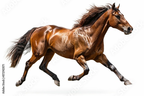 Majestic Brown Horse Galloping with Flowing Mane on White Background