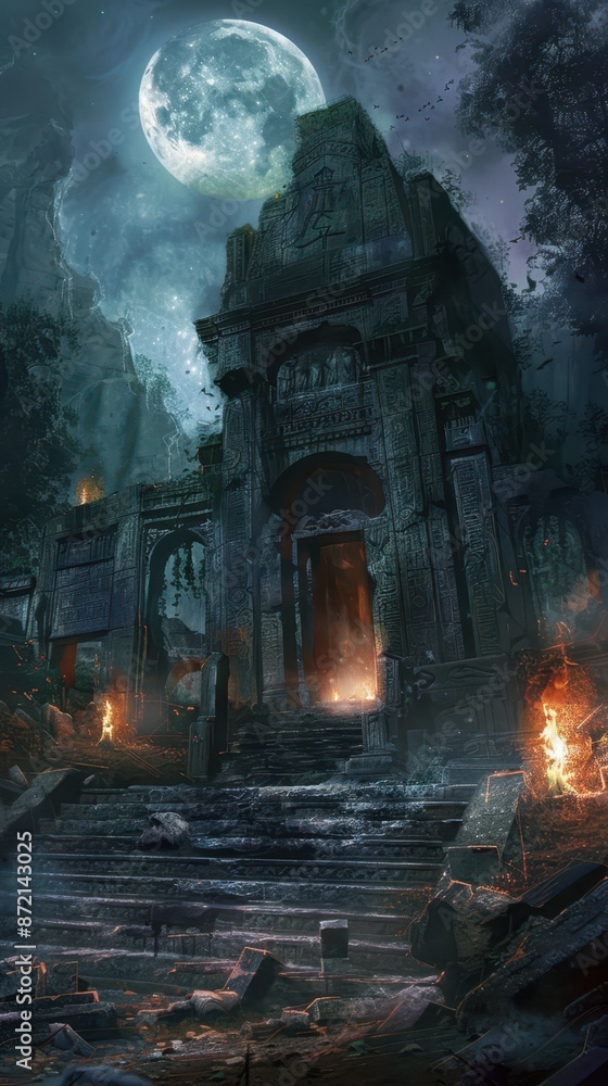 an old temple in the woods with a full moon an old temple in the woods with a full moon