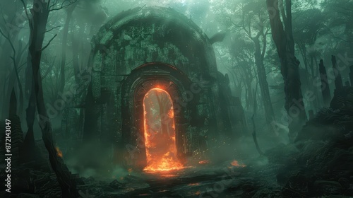 an old stone building in the middle of a forest