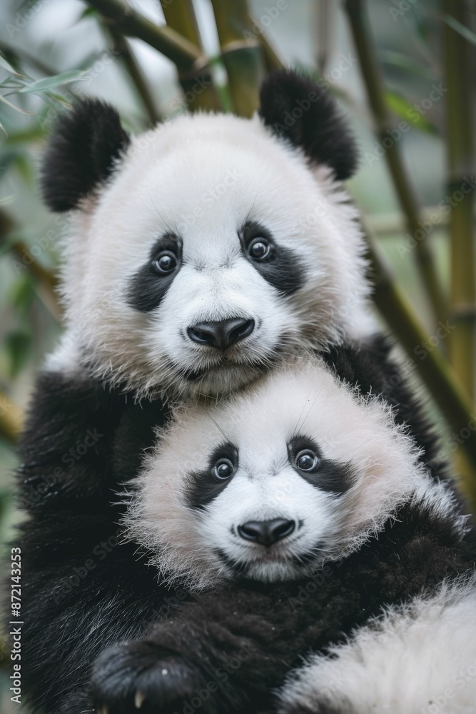 Fototapeta premium Adorable Giant Panda Mother and Cub in Bamboo Forest, Close-Up Wildlife Photography